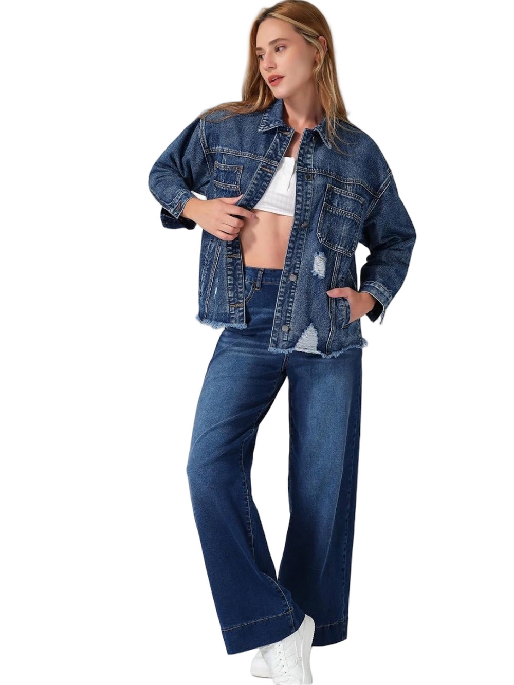 🪗ROSWEAR Blue Jean Jacket Fringe Oversized distressed trucker jacket size L NEW